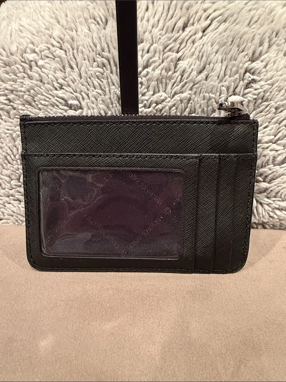 MICHAEL KORS Black Saffiano Card Holder with silver hardware